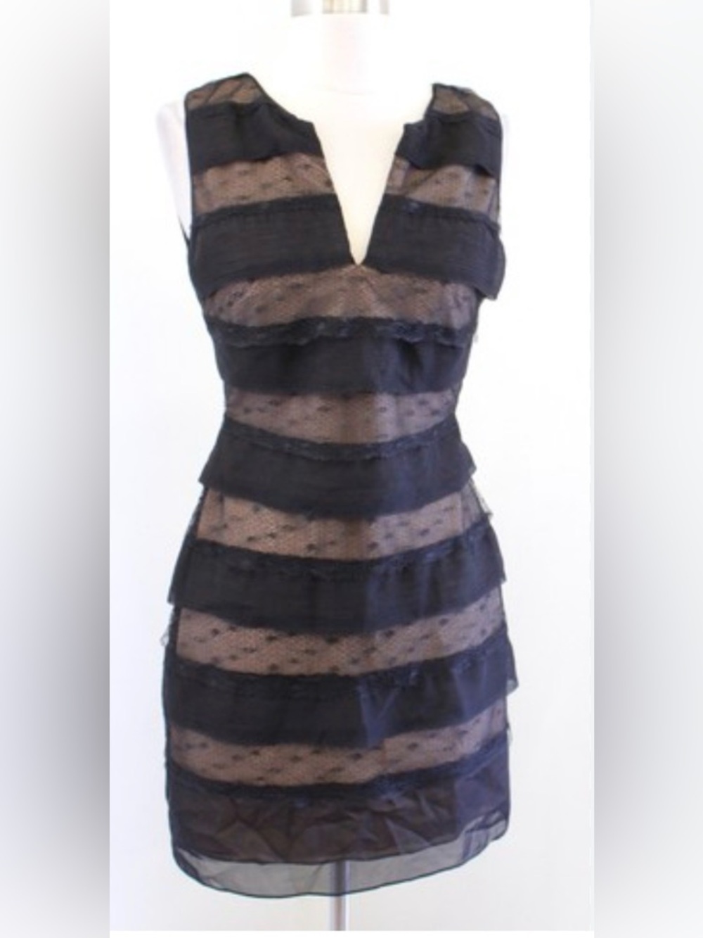 BCBG Max Azria Fionna Black Ruffle Tiered Lace Illusion Cocktail Party Dress 8